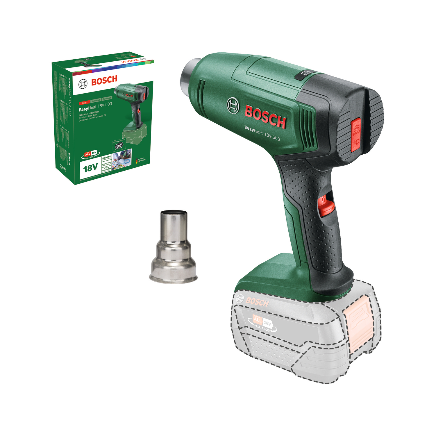 Sladdlös varmluftspistol Bosch Green EasyHeat 18V-500, SOLO
