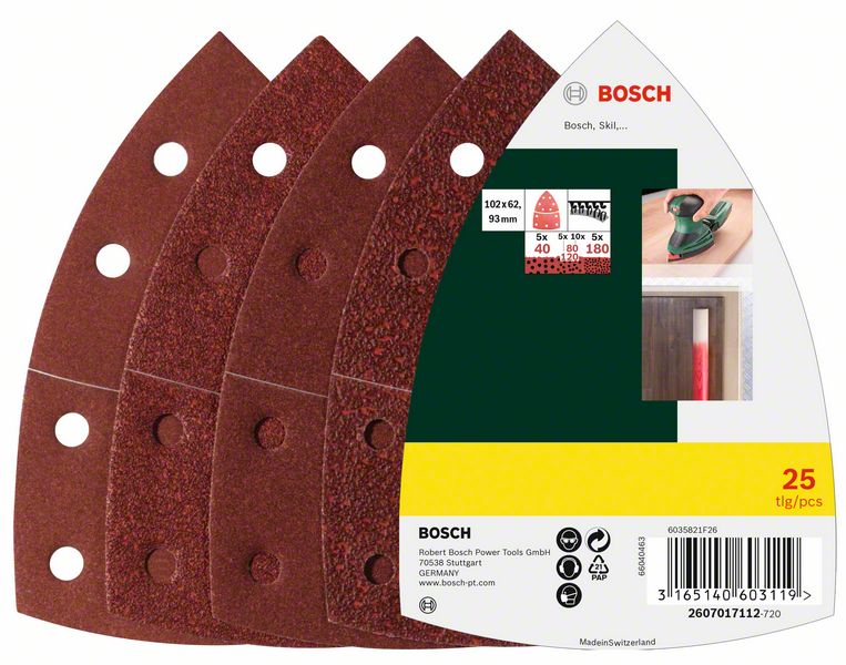 Slippapper Bosch 11 hål 102x62,93 mm, 25 st, korn K40/80/120/180