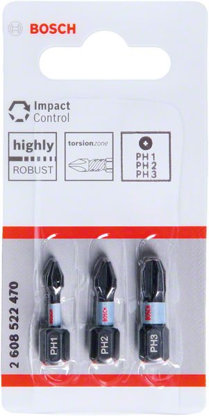 Bosch PRO PH Impact-bits, PH1 x 25, PH2 x 25, PH3, 25 mm, 3 st