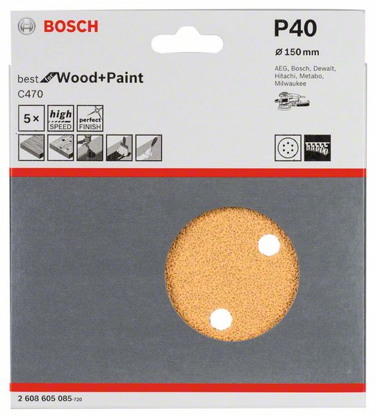 Slippapper Bosch för trä ø150 mm, 5 st, korn K40