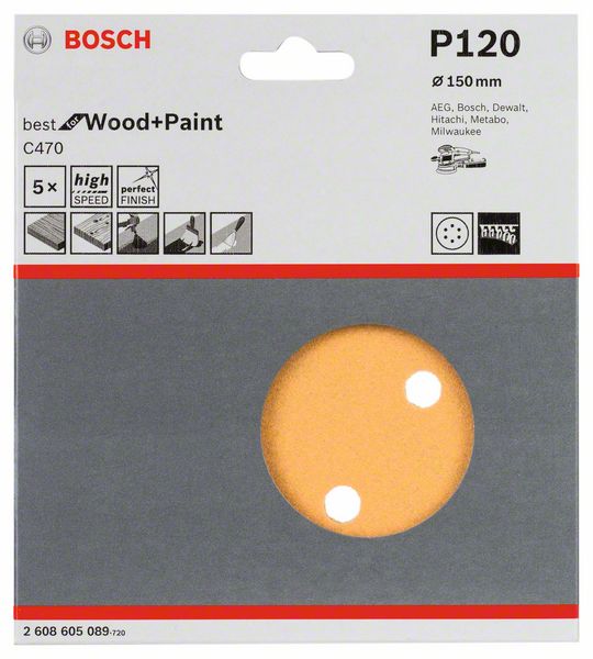 Slippapper Bosch för trä ø150 mm, 5 st, korn K120
