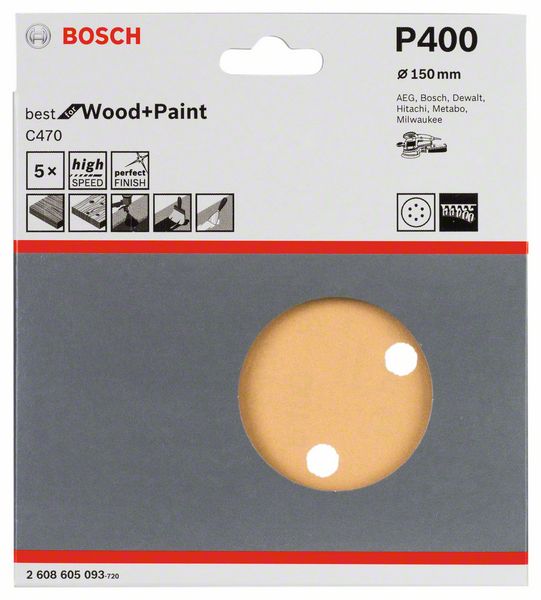 Slippapper Bosch för trä ø150 mm, 5 st, korn K400