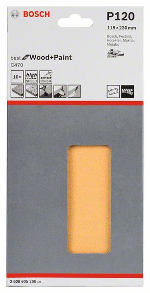Slippapper Bosch för trä 115x230 mm, .Velchro, 10 st, korn K120