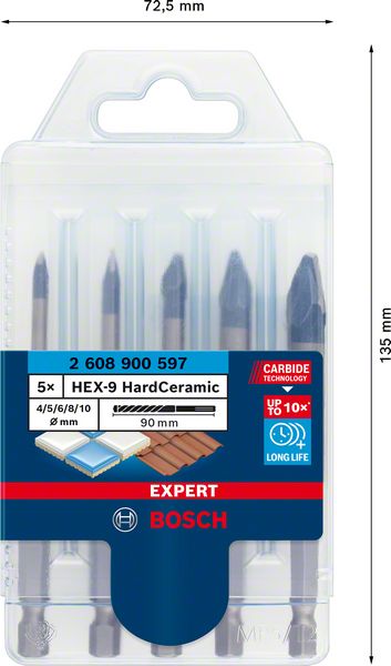 Bosch EXPERT HEX-9 Hard Ceramic-borr, 4 x 90, 5 x 90, 6 x 90, 8 x 90, 10 x 90 mm, 5 st