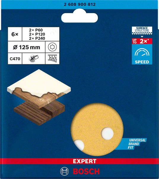 Bosch EXPERT C470 slippappersats för excenterslipar 125 mm, 8 hål, G 60/120/240, 6 st.