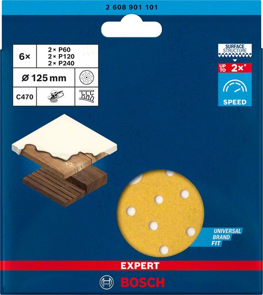 Bosch EXPERT C470 slippappersats för excenterslipar, 125 mm, multihål, G 60/120/240, 6 st.