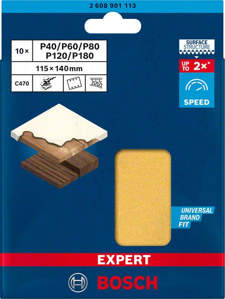 Bosch EXPERT C470 slippappersats för planslipar 115 x 140 mm, G 2x40/2x60/2x80/2x120/2x180, 10 st.