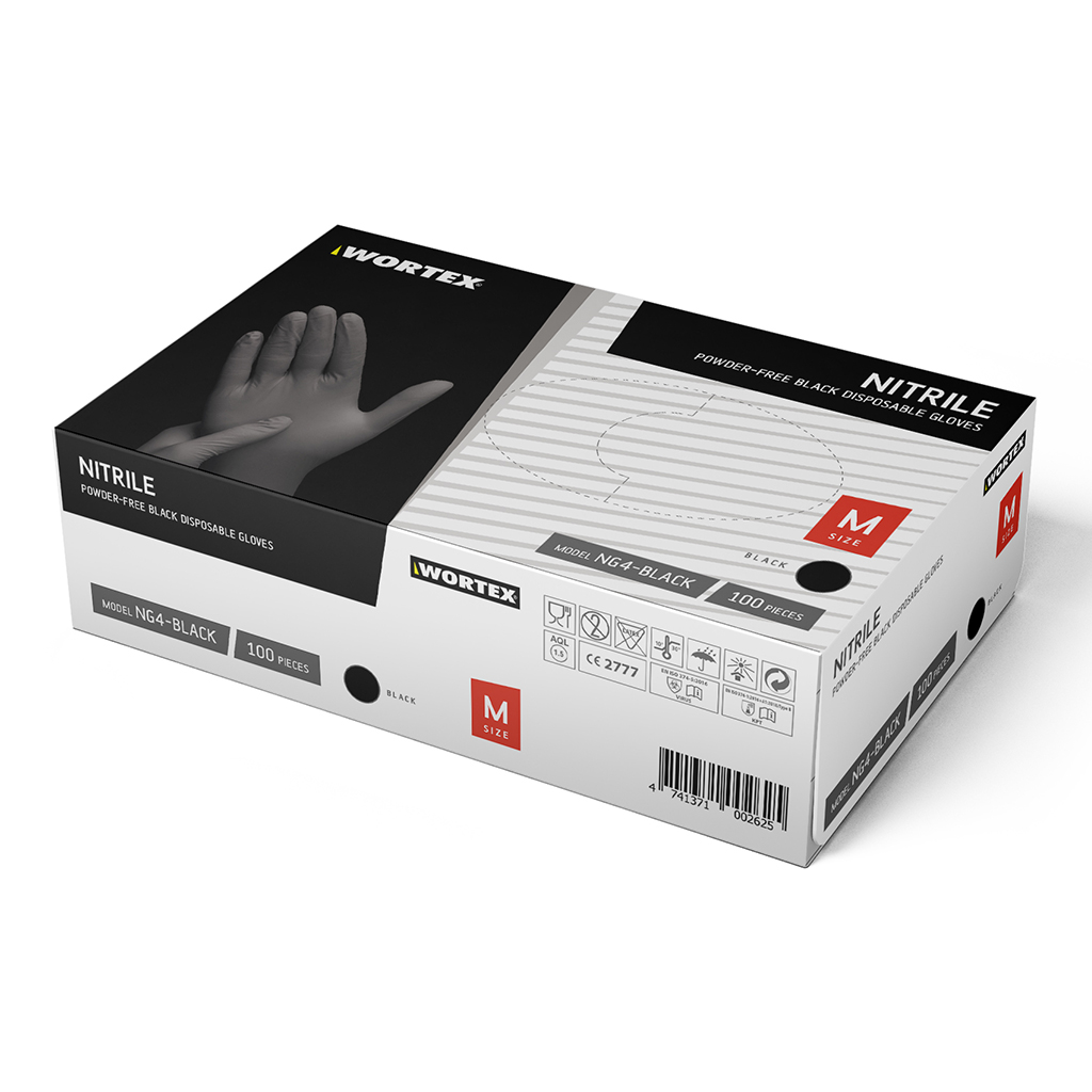Puderfria nitrilhandskar Wortex NG4-Black, 100 st, svart