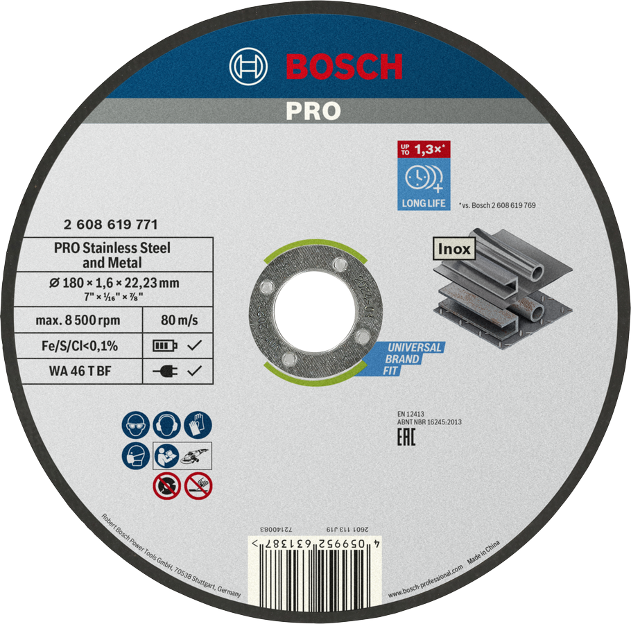 Bosch PRO Stainless Steel and Metal kapskiva, 180 x 1,6 x 22,23 mm, rak