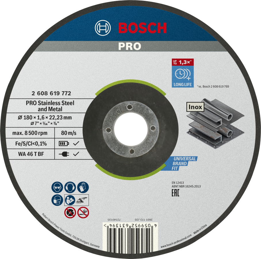 Bosch PRO Stainless Steel and Metal kapskiva, 180 x 1,6 x 22,23 mm, med nedsänkt nav