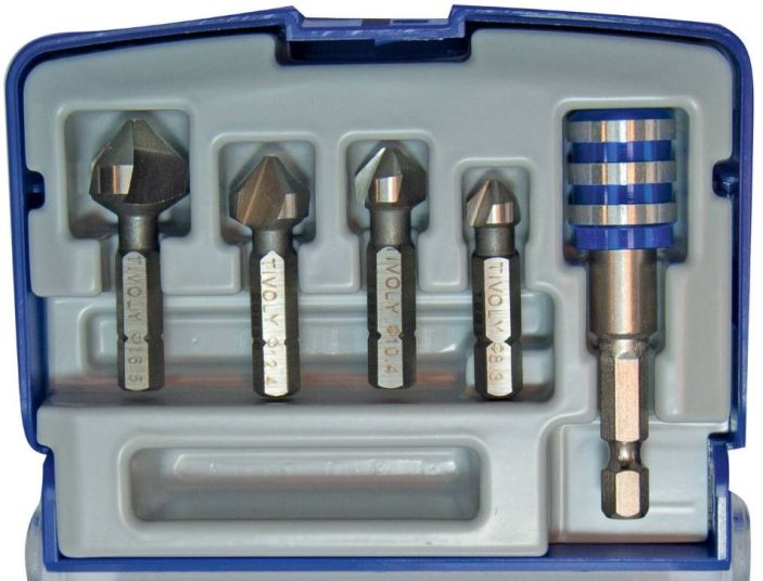 Tivoli borr (försänkning) för metall 4 delar + bitshållare med magnet. 900, ØD=8,3-16,5 mm, HSS. 1/4" sexkantssvans, "Half-box"