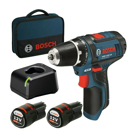 Sladdlös borrskruvmejsel Bosch GSR 12V-15, 2x12v 2.0ah batteri, laddare och väska